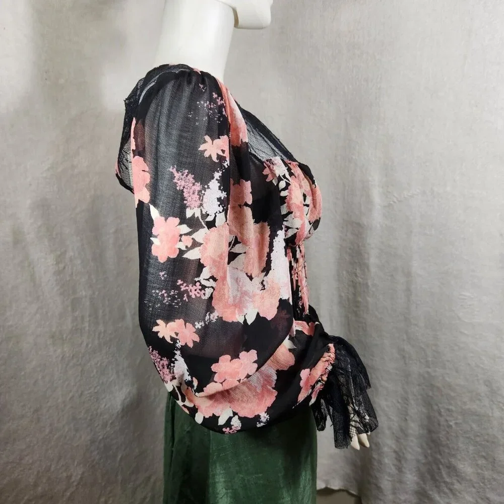 Free People Women's Size M Daphne Blouse Long Sleeve Lace Floral Black New 37